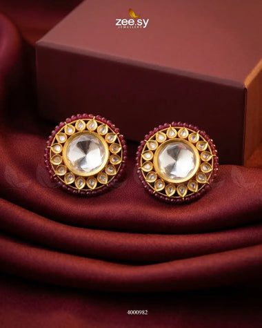 Hazel Beaded Circular Kundan Earrings Golden Ruby Earrings - Zeesy Jewellery Pakistan | Premium Artificial & Imitation Jewellery