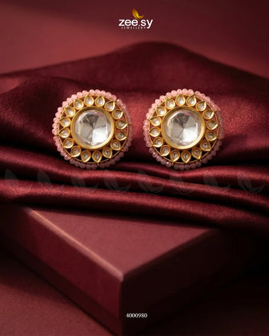 Hazel Beaded Circular Kundan Earrings Mint Pink Earrings - Zeesy Jewellery Pakistan | Premium Artificial & Imitation Jewellery