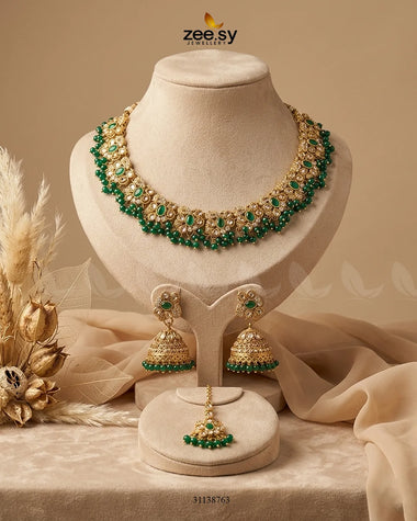 Heritage Stone Beads Necklace Set Golden Green Necklace Sets - Zeesy Jewellery Pakistan | Premium Artificial & Imitation Jewellery