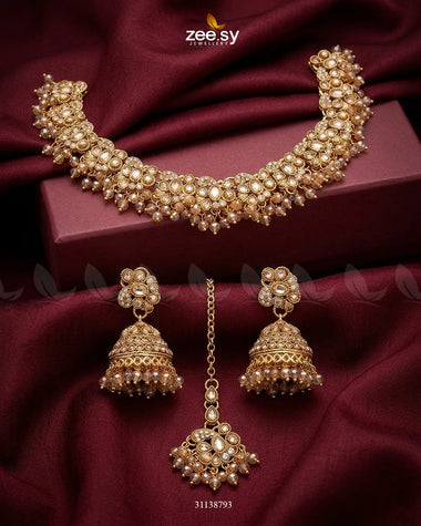 Heritage Stone Beads Necklace Set Golden Champagne Necklace Sets - Zeesy Jewellery Pakistan | Premium Artificial & Imitation Jewellery