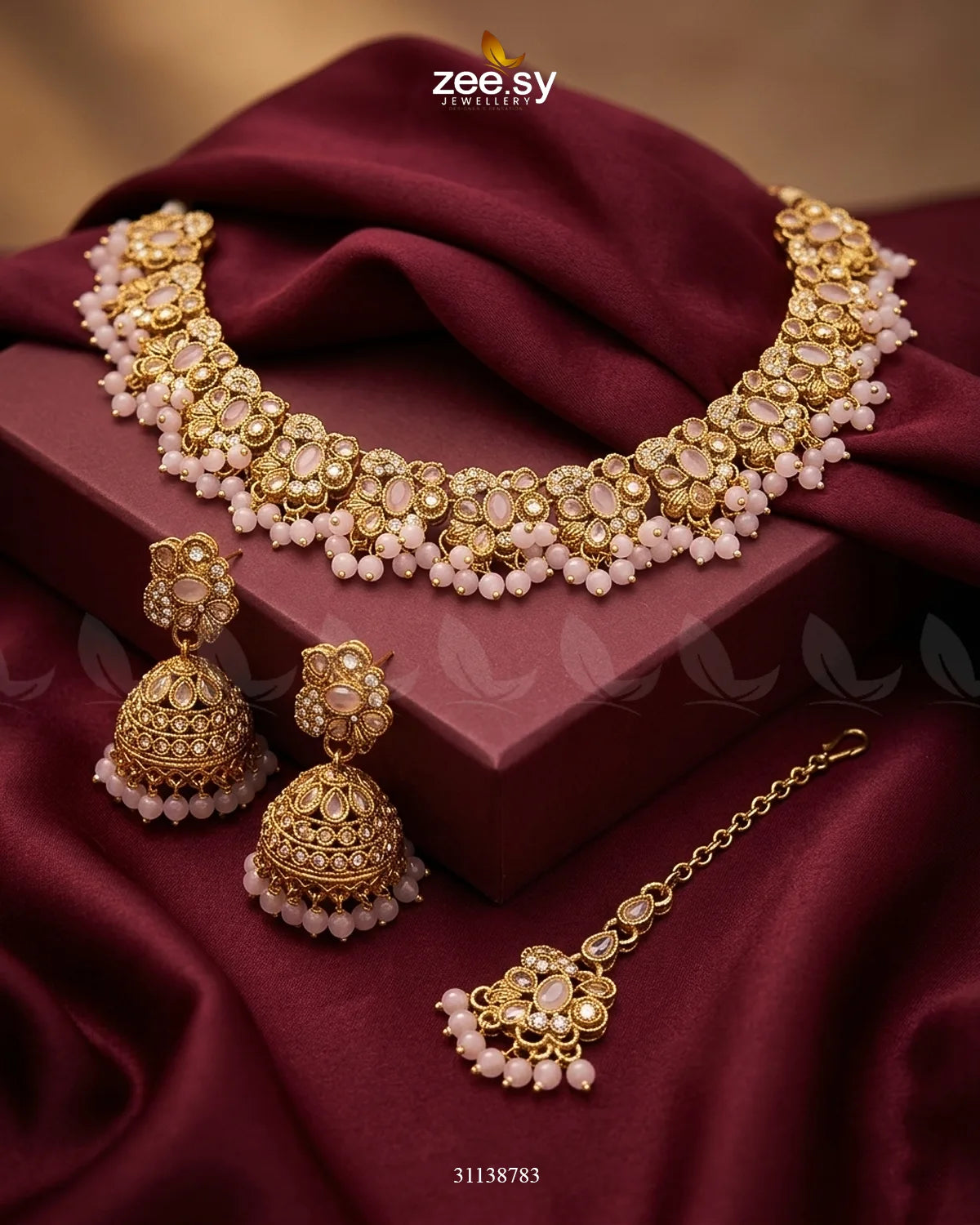 Heritage Stone Beads Necklace Set Golden Mint Pink Necklace Sets - Zeesy Jewellery Pakistan | Premium Artificial & Imitation Jewellery