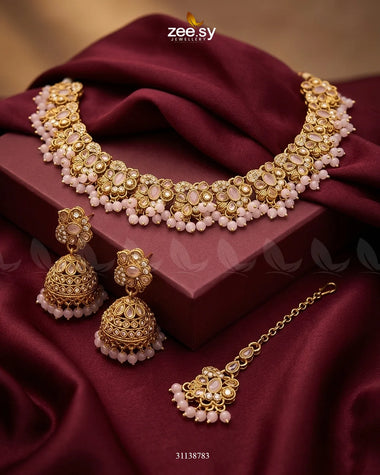 Heritage Stone Beads Necklace Set Golden Mint Pink Necklace Sets - Zeesy Jewellery Pakistan | Premium Artificial & Imitation Jewellery