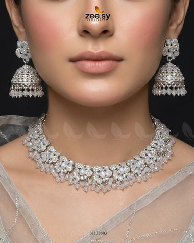 Heritage Stone Beads Necklace Set Silver White Necklace Sets - Zeesy Jewellery Pakistan | Premium Artificial & Imitation Jewellery
