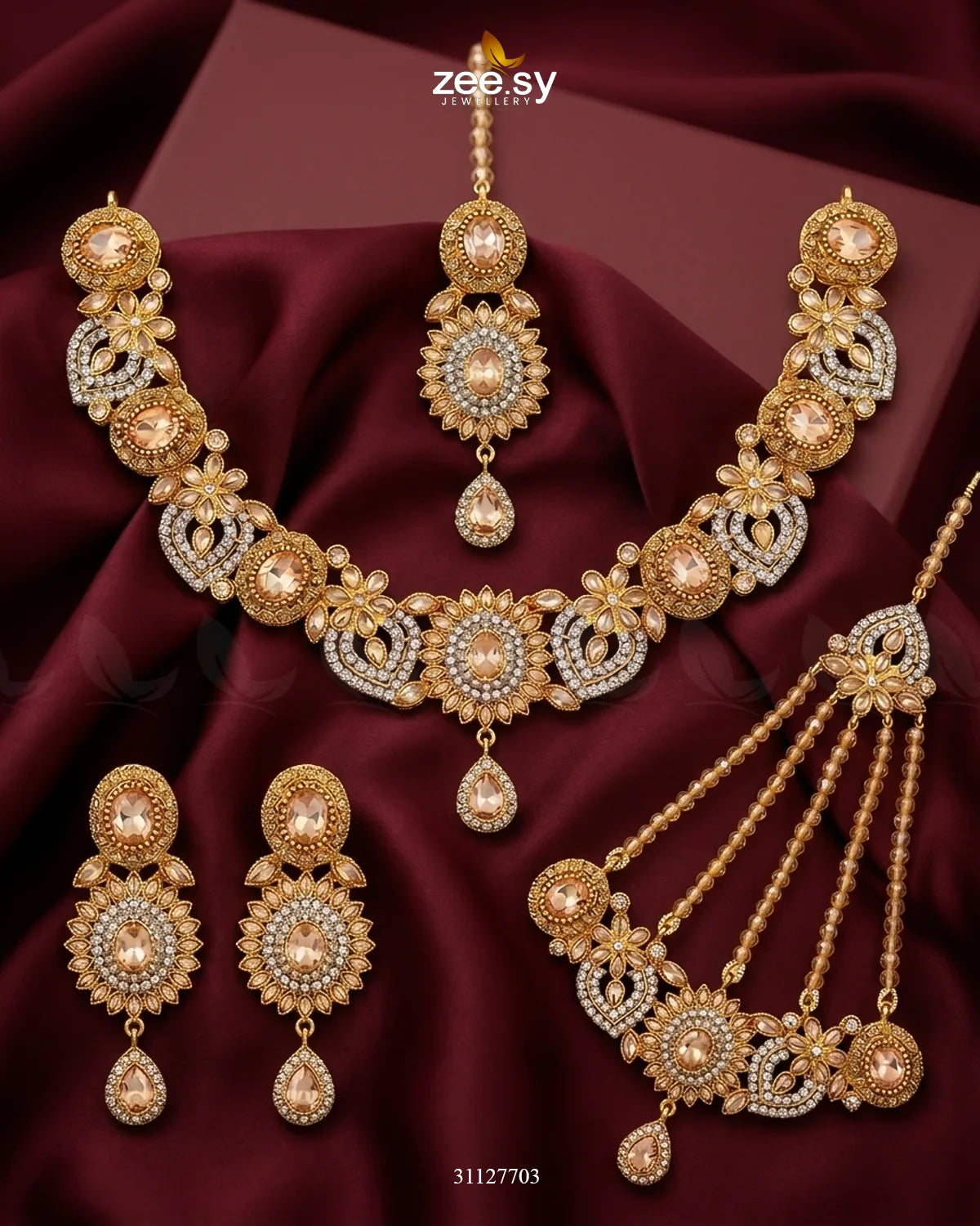 Honeyed Zircon Pearl Bridal Set Bridal Set - Zeesy Jewellery Pakistan | Premium Artificial & Imitation Jewellery