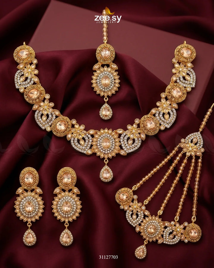 Honeyed Zircon Pearl Bridal Set Bridal Set - Zeesy Jewellery Pakistan | Premium Artificial & Imitation Jewellery