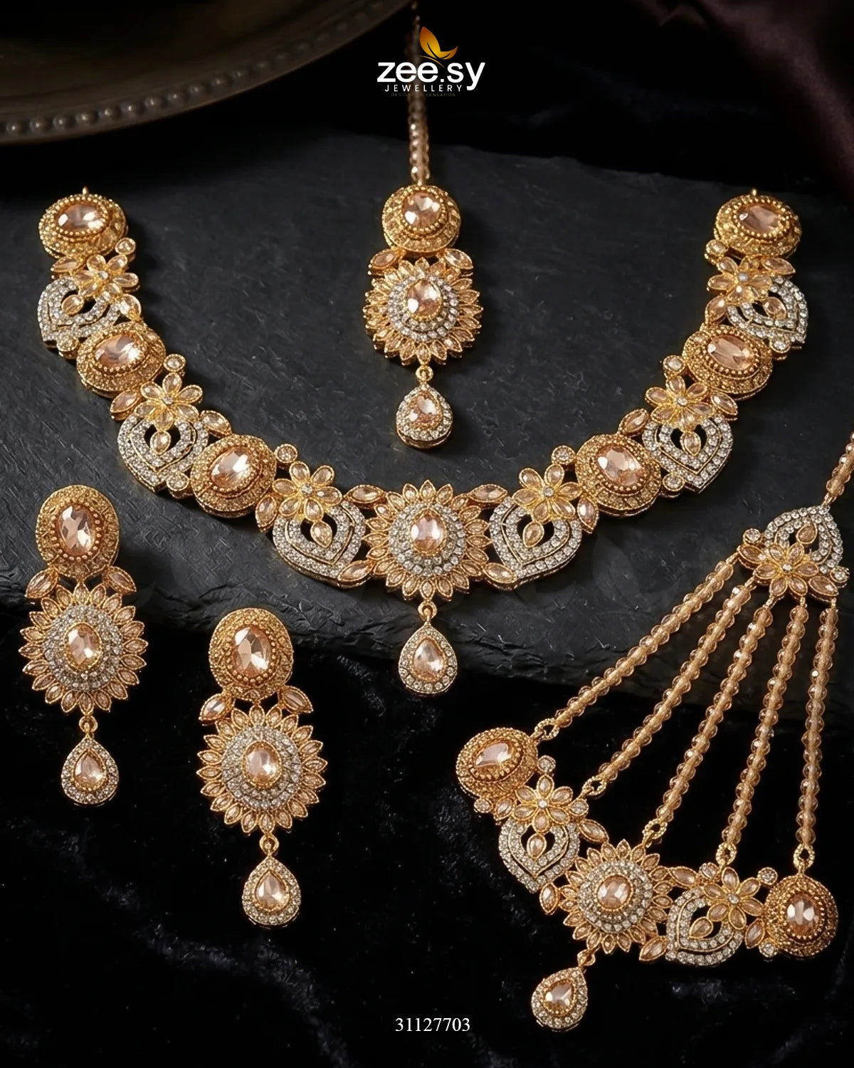 Honeyed Zircon Pearl Bridal Set Bridal Set - Zeesy Jewellery Pakistan | Premium Artificial & Imitation Jewellery