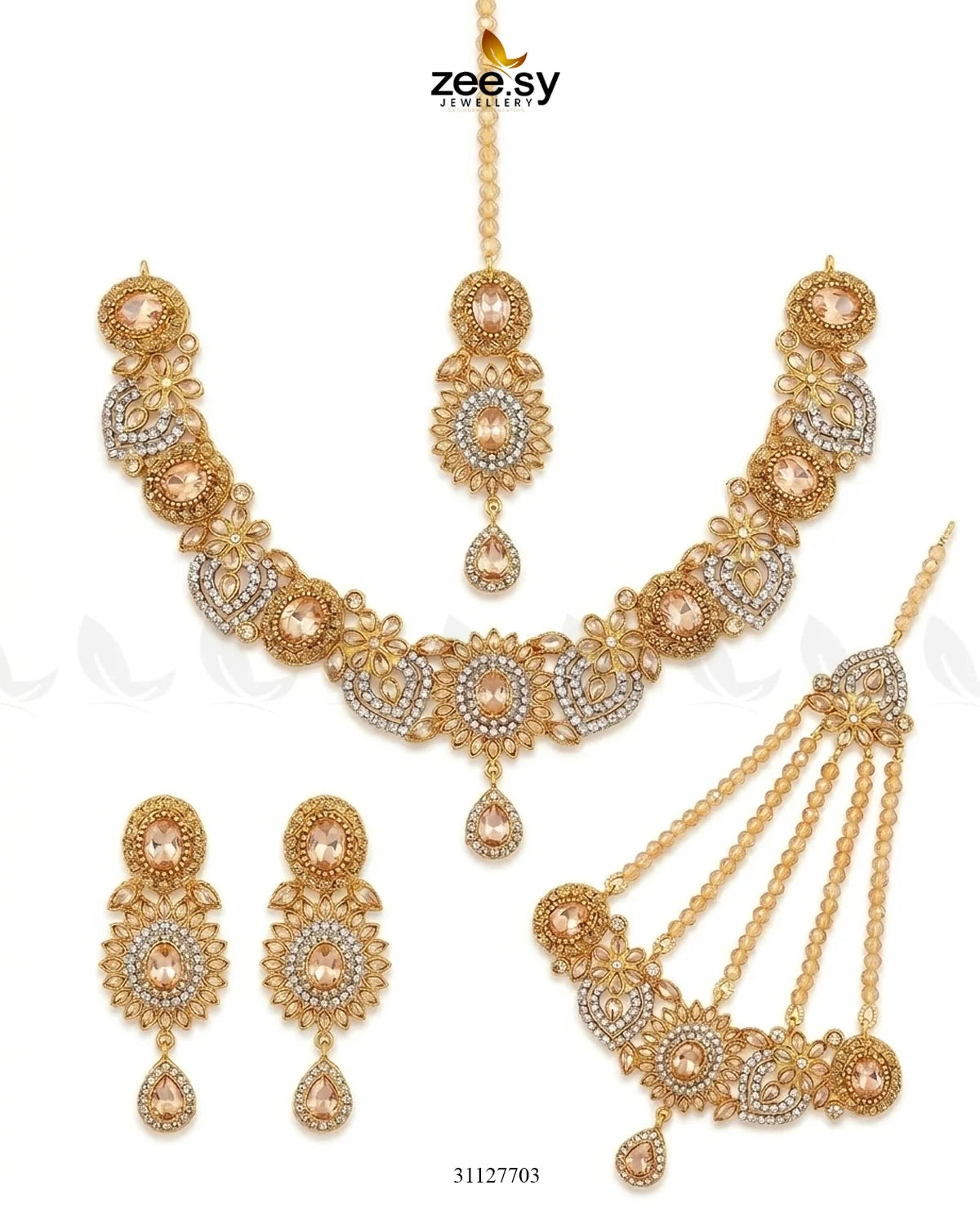 Honeyed Zircon Pearl Bridal Set Bridal Set - Zeesy Jewellery Pakistan | Premium Artificial & Imitation Jewellery