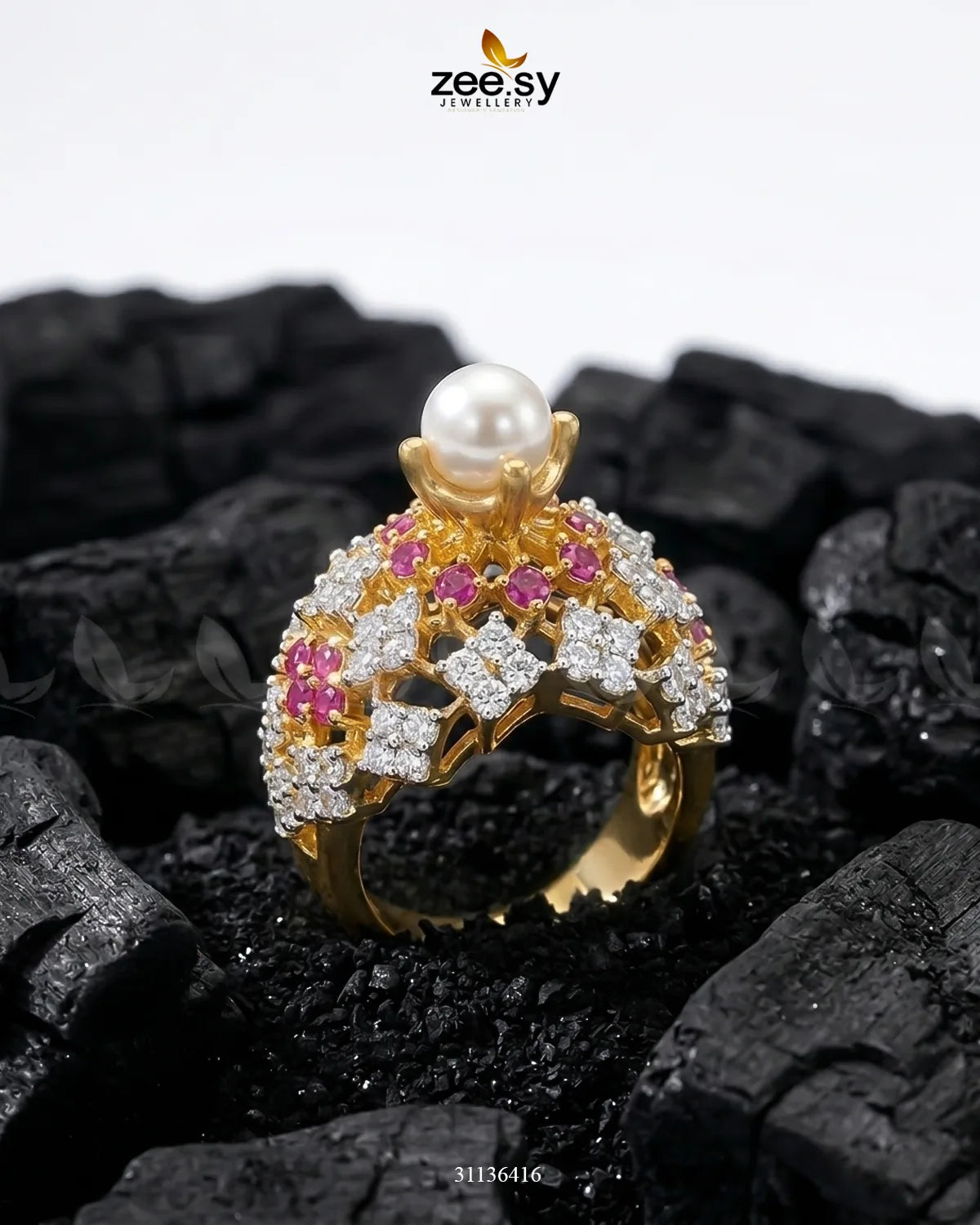 Imperial Bloom Cluster Ring Golden Ruby & Pearl Finger Ring - Zeesy Jewellery Pakistan | Premium Artificial & Imitation Jewellery