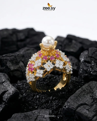 Imperial Bloom Cluster Ring Golden Ruby & Pearl Finger Ring - Zeesy Jewellery Pakistan | Premium Artificial & Imitation Jewellery