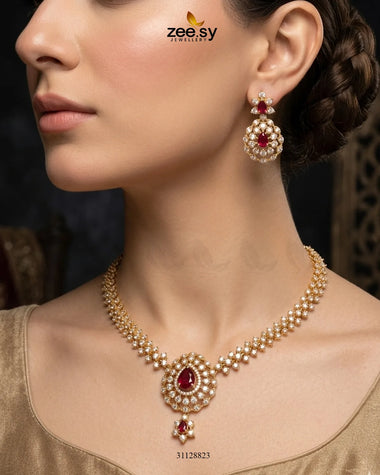 Imperial Uncut Stone Necklace Set Golden Ruby Necklace Sets - Zeesy Jewellery Pakistan | Premium Artificial & Imitation Jewellery
