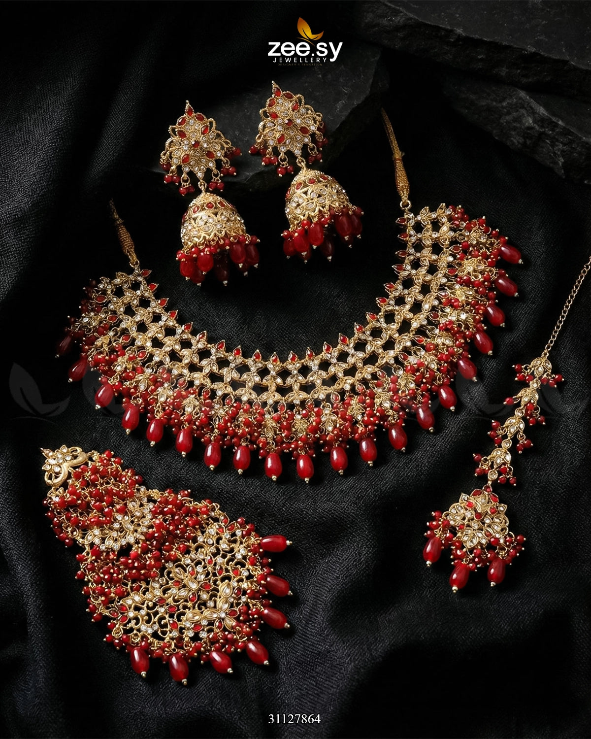 Imperial Malachite Gems Bridal Set Golden Red - Zeesy Jewellery