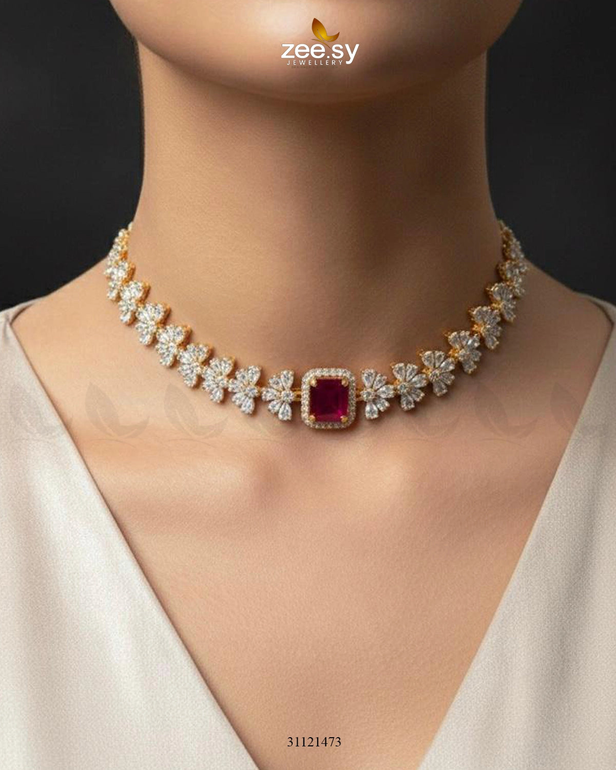 Intricate Square Cluster Necklace Set Golden Red - Zeesy Jewellery