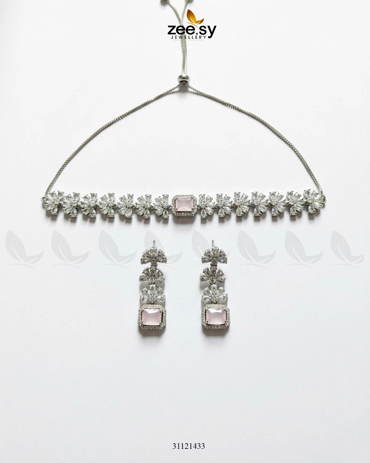 Intricate Square Cluster Necklace Set Silver Mint Pink - Zeesy Jewellery