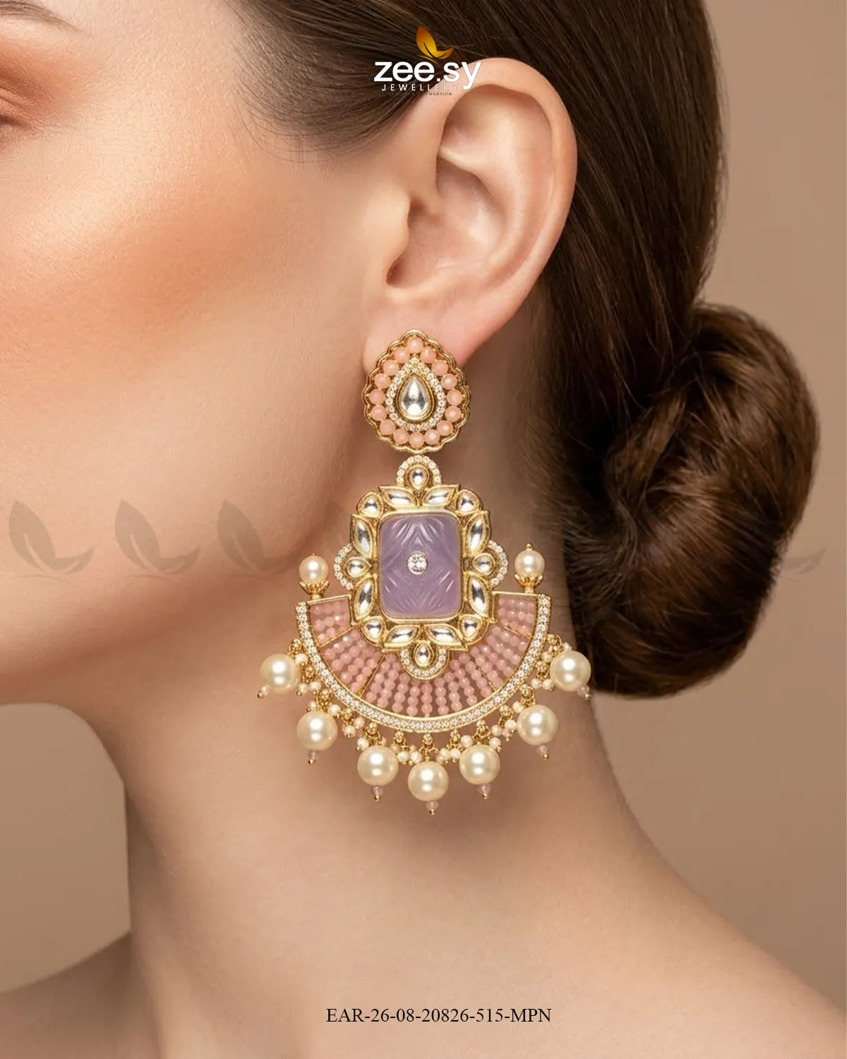 Ivory Carved Kundan Chandbalis Earrings Golden Mint Pink Earrings - Zeesy Jewellery Pakistan | Premium Artificial & Imitation Jewellery