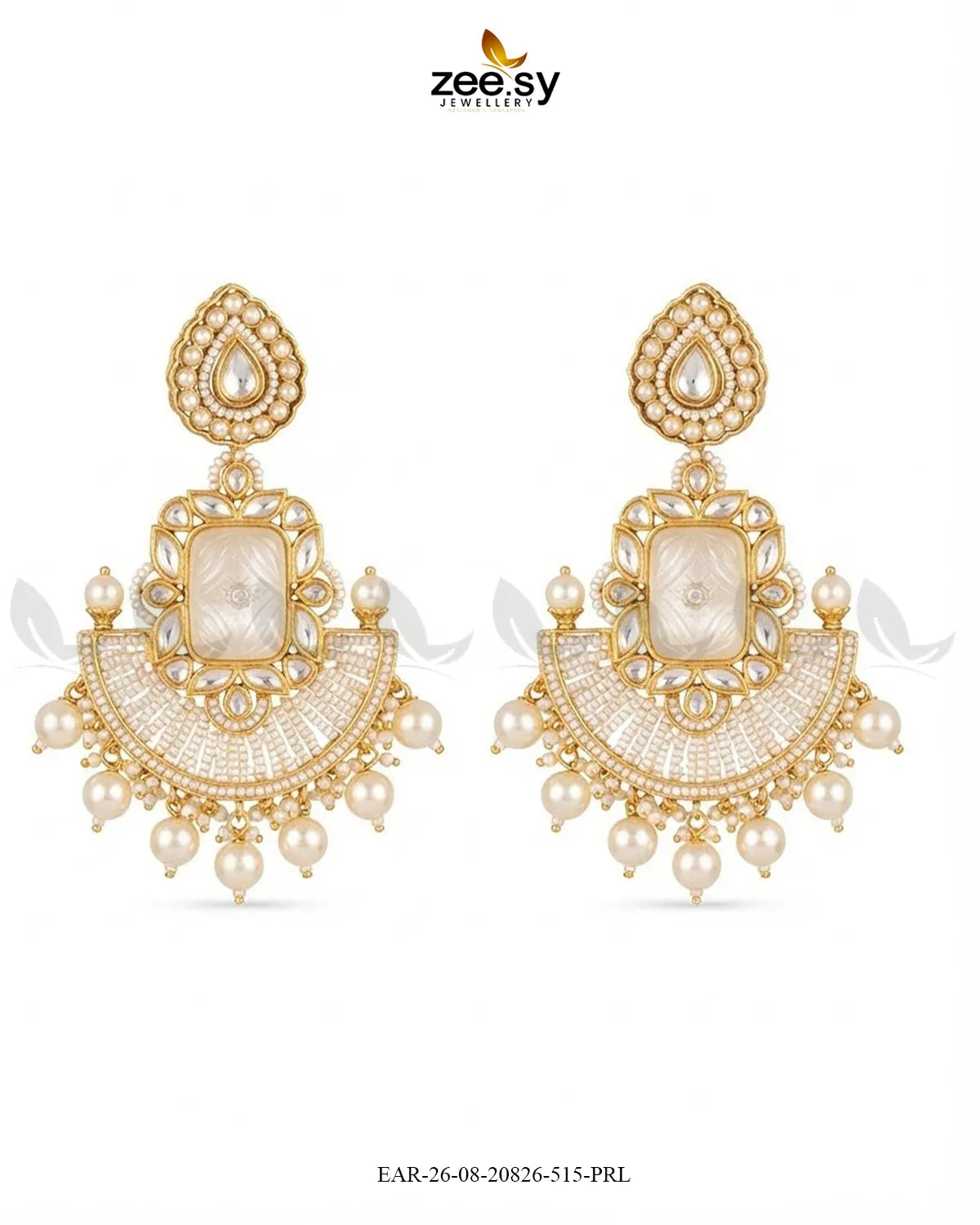 Ivory Carved Kundan Chandbalis Earrings Earrings - Zeesy Jewellery Pakistan | Premium Artificial & Imitation Jewellery
