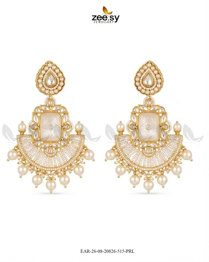 Ivory Carved Kundan Chandbalis Earrings Earrings - Zeesy Jewellery Pakistan | Premium Artificial & Imitation Jewellery