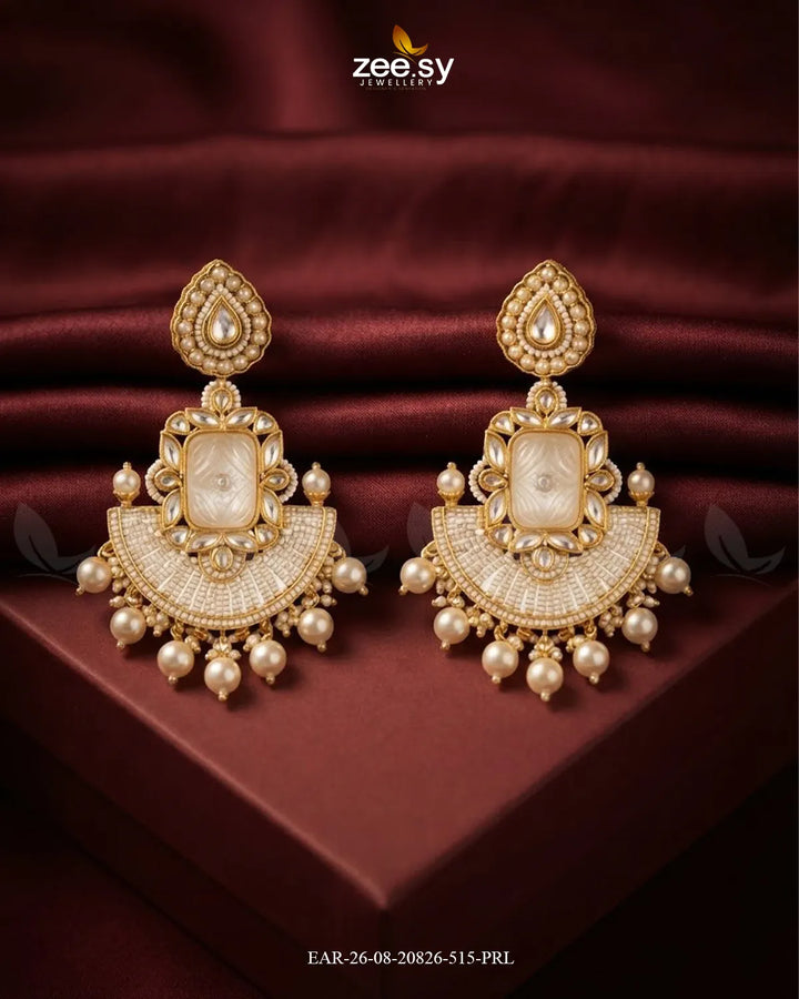 Ivory Carved Kundan Chandbalis Earrings Golden Pearl Earrings - Zeesy Jewellery Pakistan | Premium Artificial & Imitation Jewellery