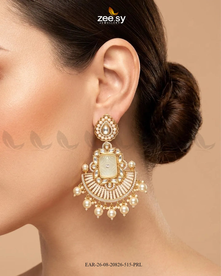 Ivory Carved Kundan Chandbalis Earrings Earrings - Zeesy Jewellery Pakistan | Premium Artificial & Imitation Jewellery