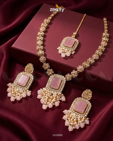 Jabeen Square Turkish Malla Set Pink Malla Necklace - Zeesy Jewellery Pakistan | Premium Artificial & Imitation Jewellery