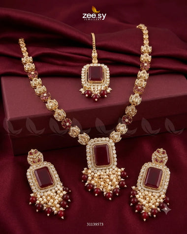 Jabeen Square Turkish Malla Set Red Malla Necklace - Zeesy Jewellery Pakistan | Premium Artificial & Imitation Jewellery