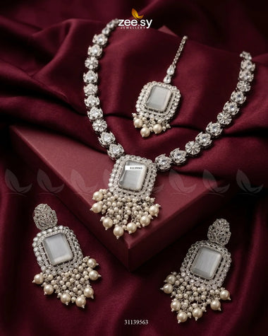 Jabeen Square Turkish Malla Set Silver Malla Necklace - Zeesy Jewellery Pakistan | Premium Artificial & Imitation Jewellery