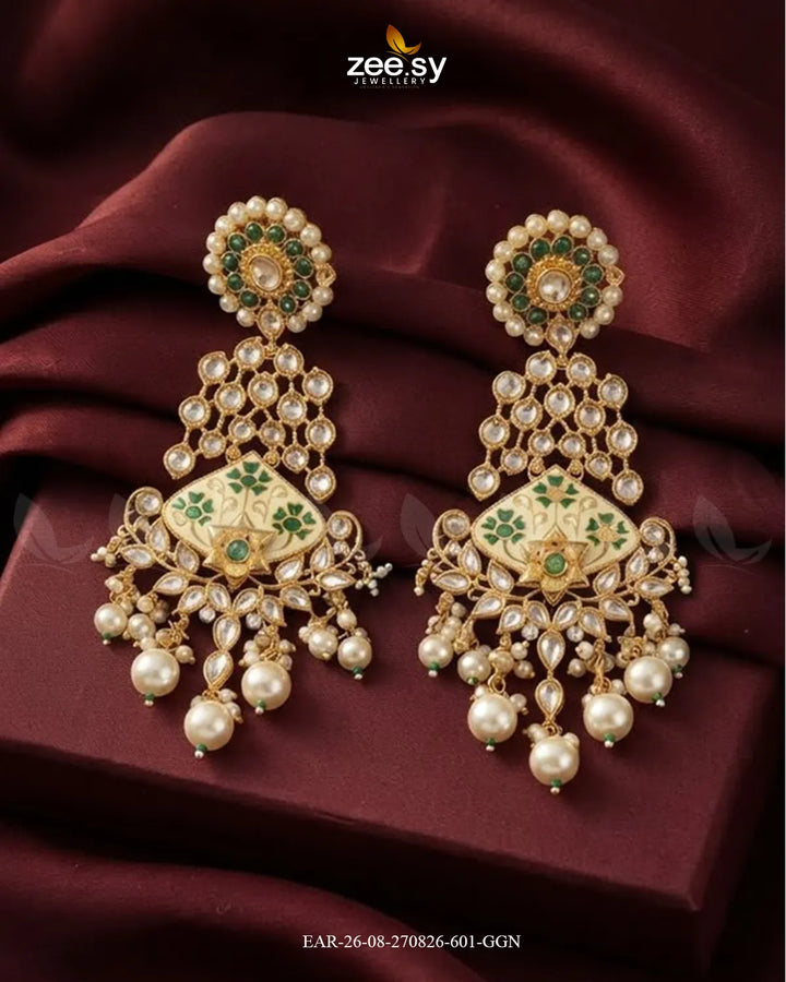 Jasmine Kundan Pearl Earring Golden Green Earrings - Zeesy Jewellery Pakistan | Premium Artificial & Imitation Jewellery