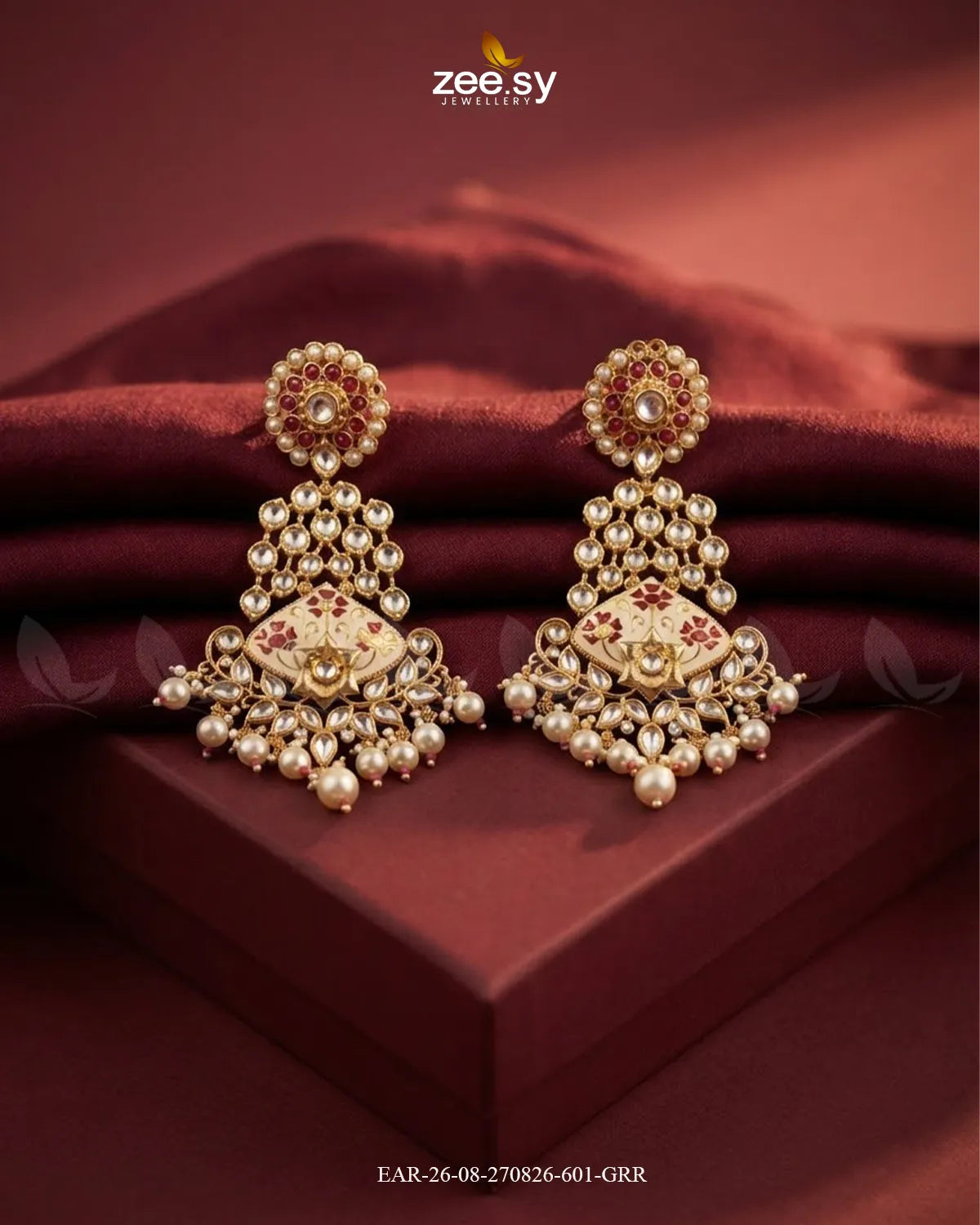 Jasmine Kundan Pearl Earring Golden Ruby & Red Earrings - Zeesy Jewellery Pakistan | Premium Artificial & Imitation Jewellery