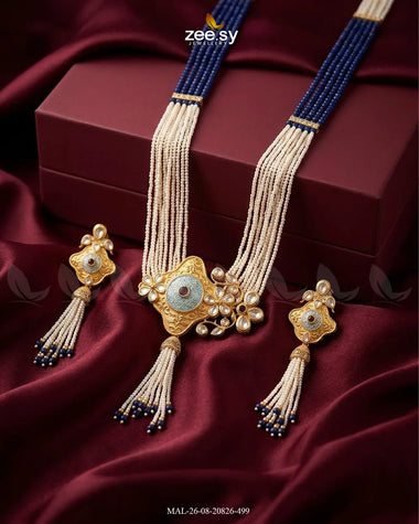 Jiya Traditional Meenakari Malla Set Golden Blue Malla Necklace - Zeesy Jewellery Pakistan | Premium Artificial & Imitation Jewellery