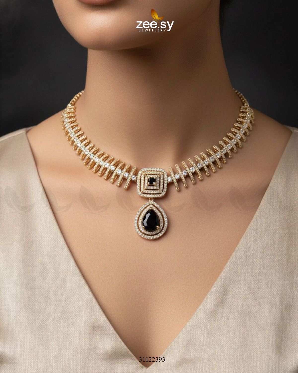 Kavita Art Oval Crystal Necklace Set Golden Black - Zeesy Jewellery