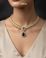 Kavita Art Oval Crystal Necklace Set Golden Black - Zeesy Jewellery