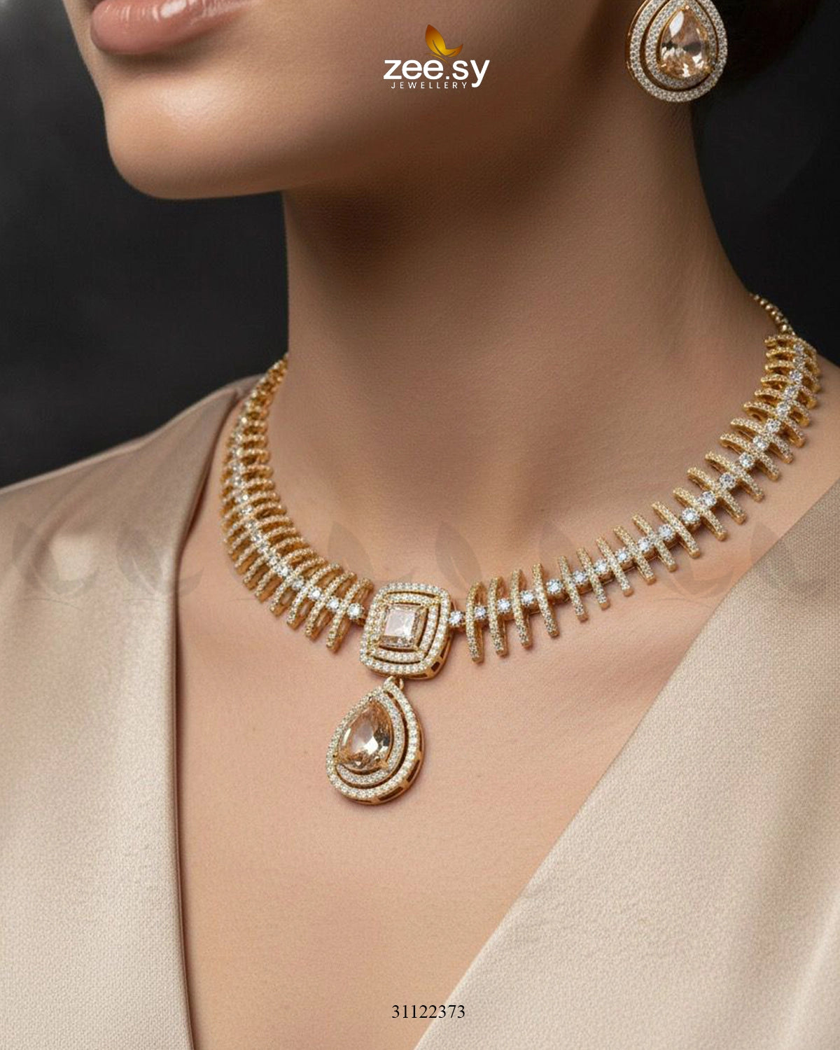 Kavita Art Oval Crystal Necklace Set Golden Champagne - Zeesy Jewellery