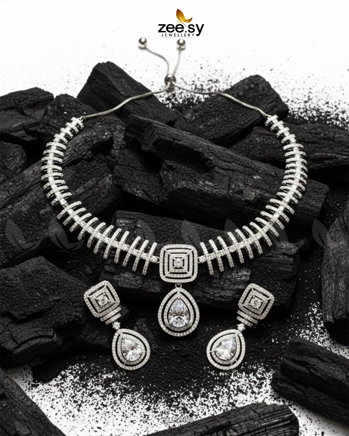 Kavita Art Oval Crystal Necklace Set Silver White - Zeesy Jewellery