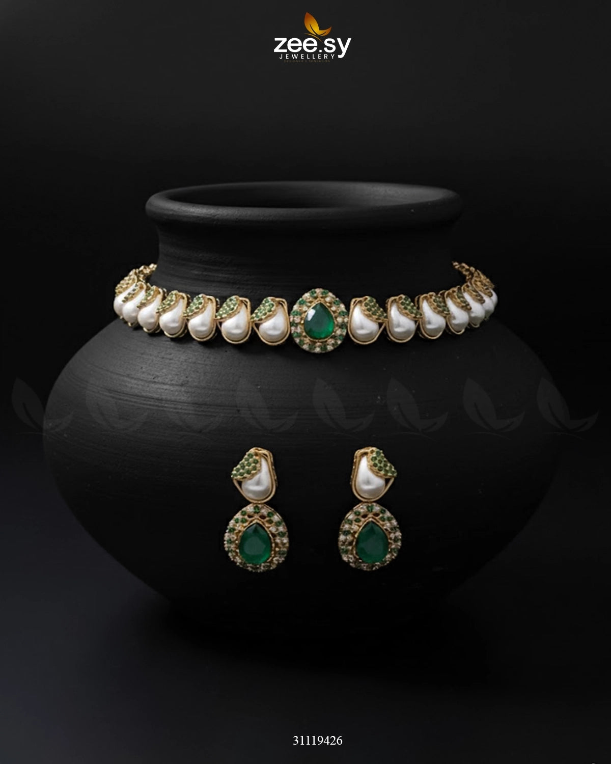Keystone Choker Necklace Set Green - Zeesy Jewellery