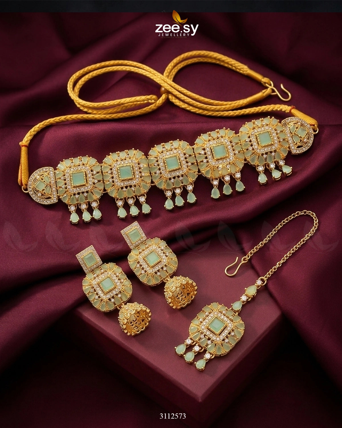 Kiran Necklace Set Golden Mint Green Necklace Sets - Zeesy Jewellery Pakistan | Premium Artificial & Imitation Jewellery