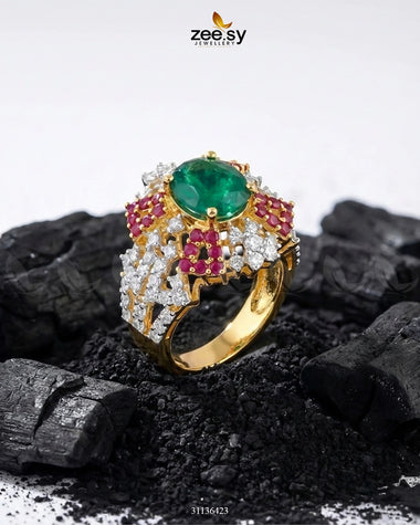Klyra Gemstone Bold Stone Ring Golden Ruby & Green Finger Ring - Zeesy Jewellery Pakistan | Premium Artificial & Imitation Jewellery