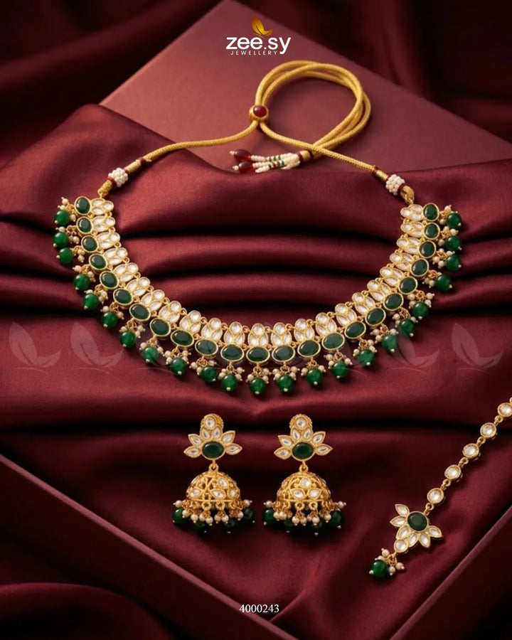 Lagoon Jhumka Beaded Necklace Set Golden Green Necklace Sets - Zeesy Jewellery Pakistan | Premium Artificial & Imitation Jewellery
