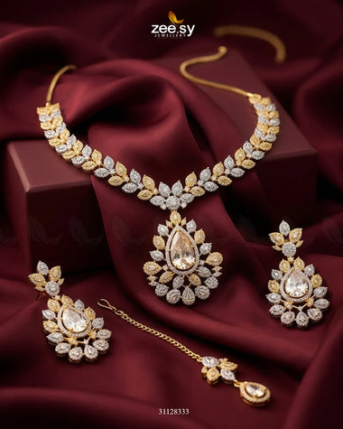 Leaf Teardrop Necklace Set Golden Necklace Sets - Zeesy Jewellery Pakistan | Premium Artificial & Imitation Jewellery