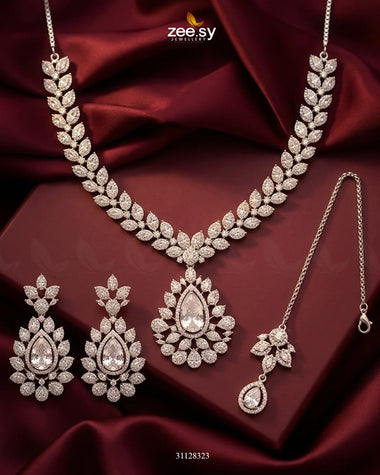 Leaf Teardrop Necklace Set Silver Necklace Sets - Zeesy Jewellery Pakistan | Premium Artificial & Imitation Jewellery