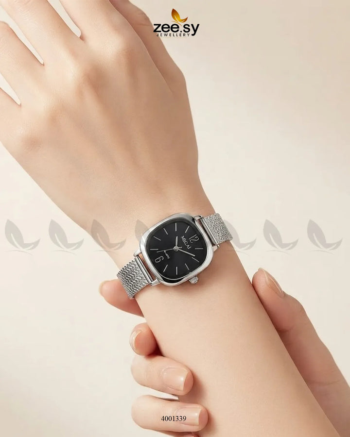 Black Lunar Woven Link Watch by AJ03, showing the detailed woven strap and sleek watch face design.