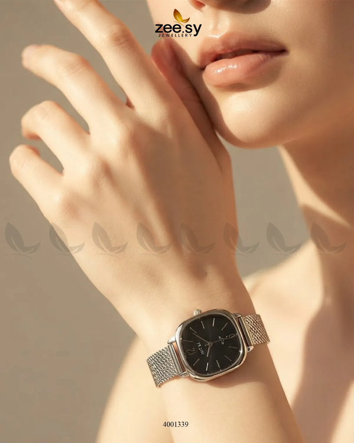 Black Lunar Woven Link Watch by AJ03, showcasing a stylish woven strap and sleek watch face design.