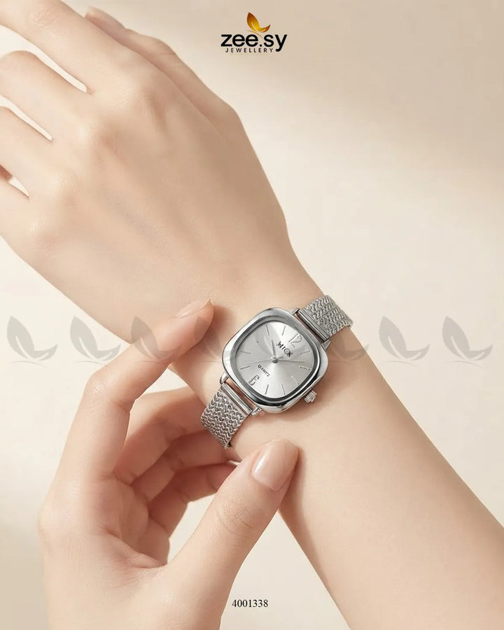 White Lunar Woven Link Watch by AJ03, showcasing its woven strap and sleek design as an accessory.