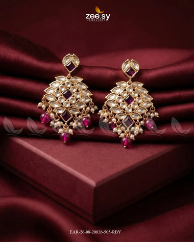 Luxe Ornate Geometric Bridal Earrings Golden Purple Earrings - Zeesy Jewellery Pakistan | Premium Artificial & Imitation Jewellery