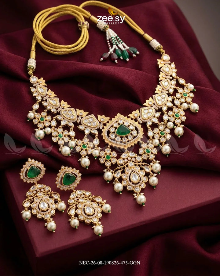 Luxe Trapeze Pearl Necklace Set Golden Green Necklace Sets - Zeesy Jewellery Pakistan | Premium Artificial & Imitation Jewellery