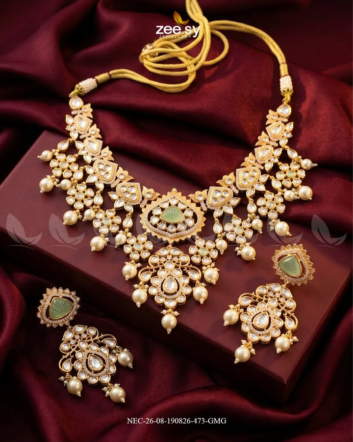 Luxe Trapeze Pearl Necklace Set Golden Mint Green Necklace Sets - Zeesy Jewellery Pakistan | Premium Artificial & Imitation Jewellery