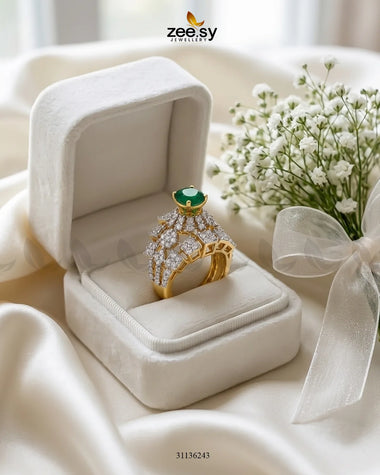 Luxurious Diamond Cluster Ring Golden Green Finger Ring - Zeesy Jewellery Pakistan | Premium Artificial & Imitation Jewellery