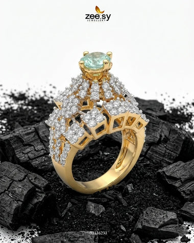 Luxurious Diamond Cluster Ring Golden Mint Green Finger Ring - Zeesy Jewellery Pakistan | Premium Artificial & Imitation Jewellery
