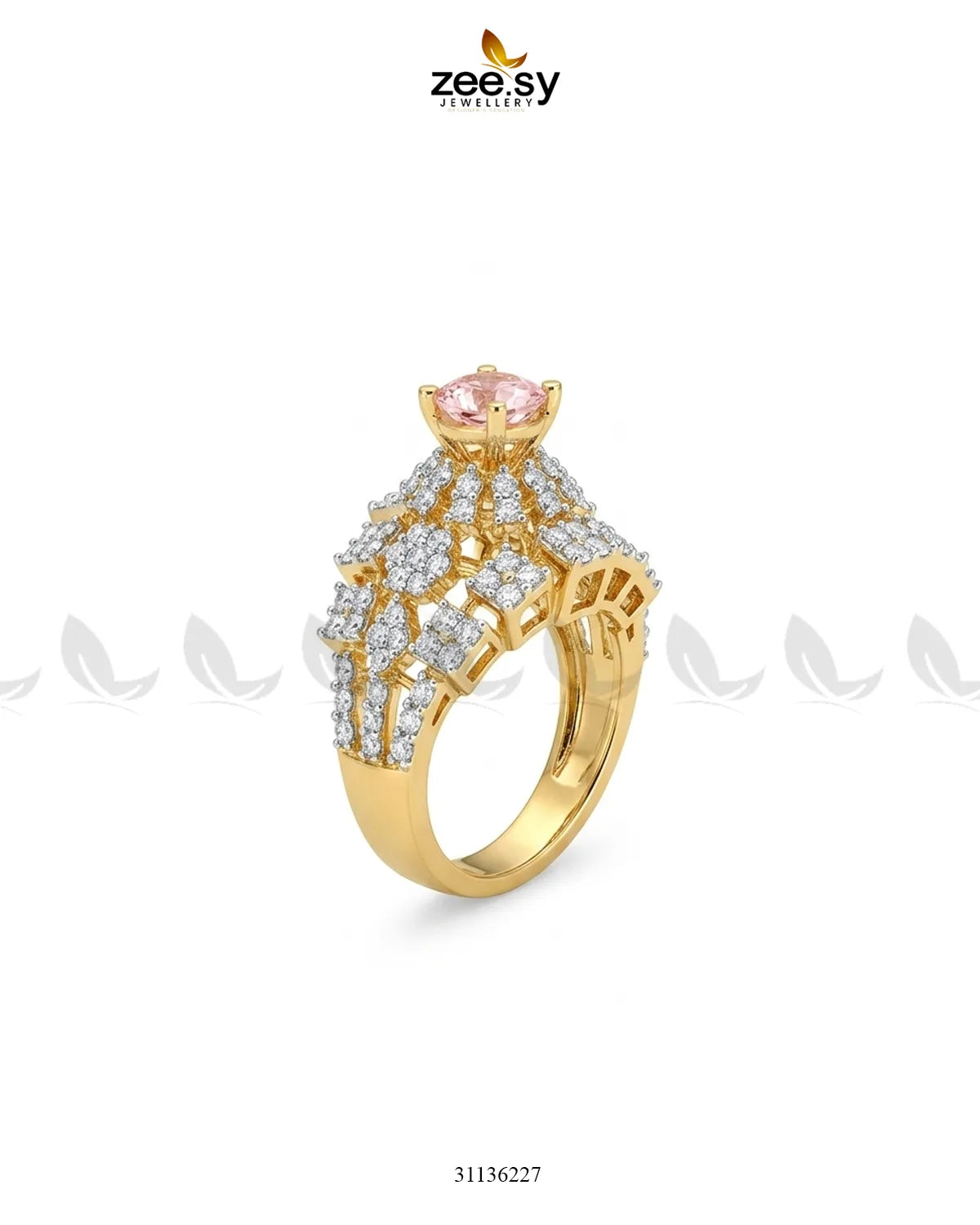 Luxurious Diamond Cluster Ring Golden Mint Pink Finger Ring - Zeesy Jewellery Pakistan | Premium Artificial & Imitation Jewellery