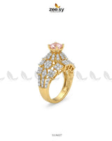 Luxurious Diamond Cluster Ring Golden Mint Pink Finger Ring - Zeesy Jewellery Pakistan | Premium Artificial & Imitation Jewellery