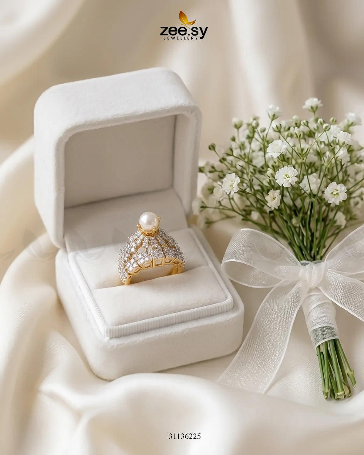 Luxurious Diamond Cluster Ring Golden Pearl Finger Ring - Zeesy Jewellery Pakistan | Premium Artificial & Imitation Jewellery