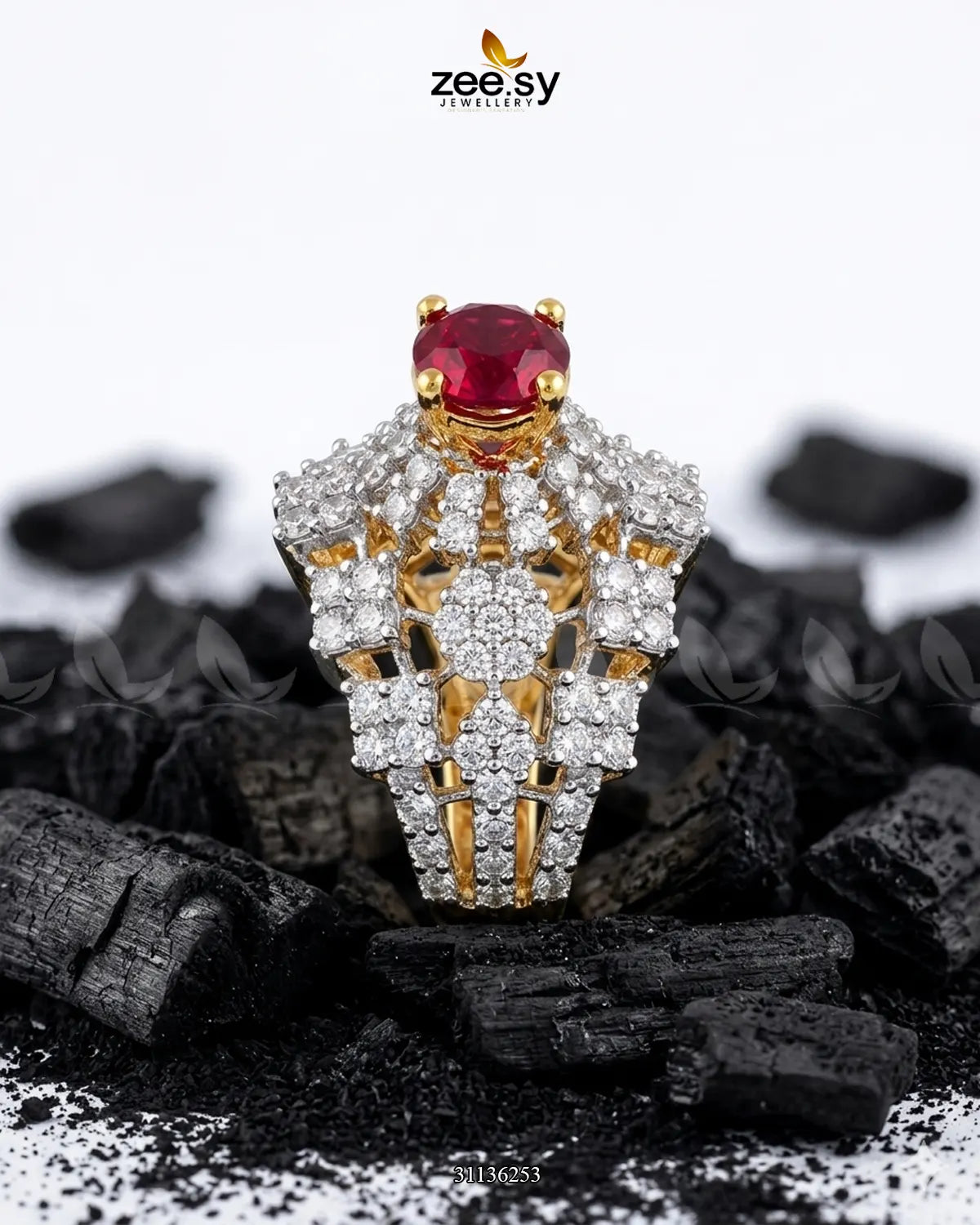 Luxurious Diamond Cluster Ring Golden Red Finger Ring - Zeesy Jewellery Pakistan | Premium Artificial & Imitation Jewellery